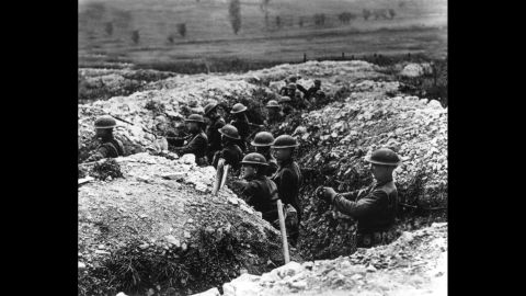 U.S. Army troops stand in a defensive trench in France. By war's end, thousands of miles of trenches crisscrossed European battlefields.
