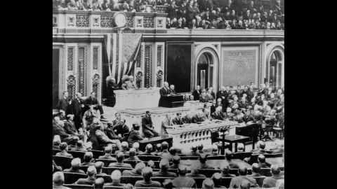 U.S. President Woodrow Wilson addresses a joint session of Congress in April 1917, requesting a declaration of war on Germany. The United States declared war against Germany after the interception and publication of the Zimmermann Telegram and the sinking of three U.S. merchant ships by German U-boats.