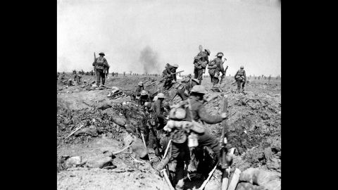 British troops advance during the Battle of the Somme in 1916. 