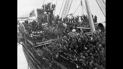 U.S. troops returning home from France are seen on the USS Agamemnon in Hoboken, New Jersey, in 1919.