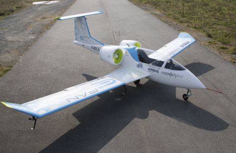 Airbus Group's E-Fan training aircraft has zero carbon dioxide emissions in flight and is cheaper to fly than conventional planes. 