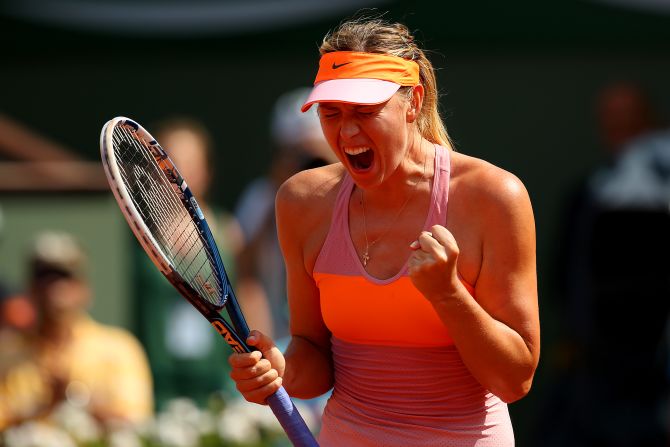 The Russian, who has featured in the last three French Open finals, celebrates as she seals the first set 6-4 in just under an hour.