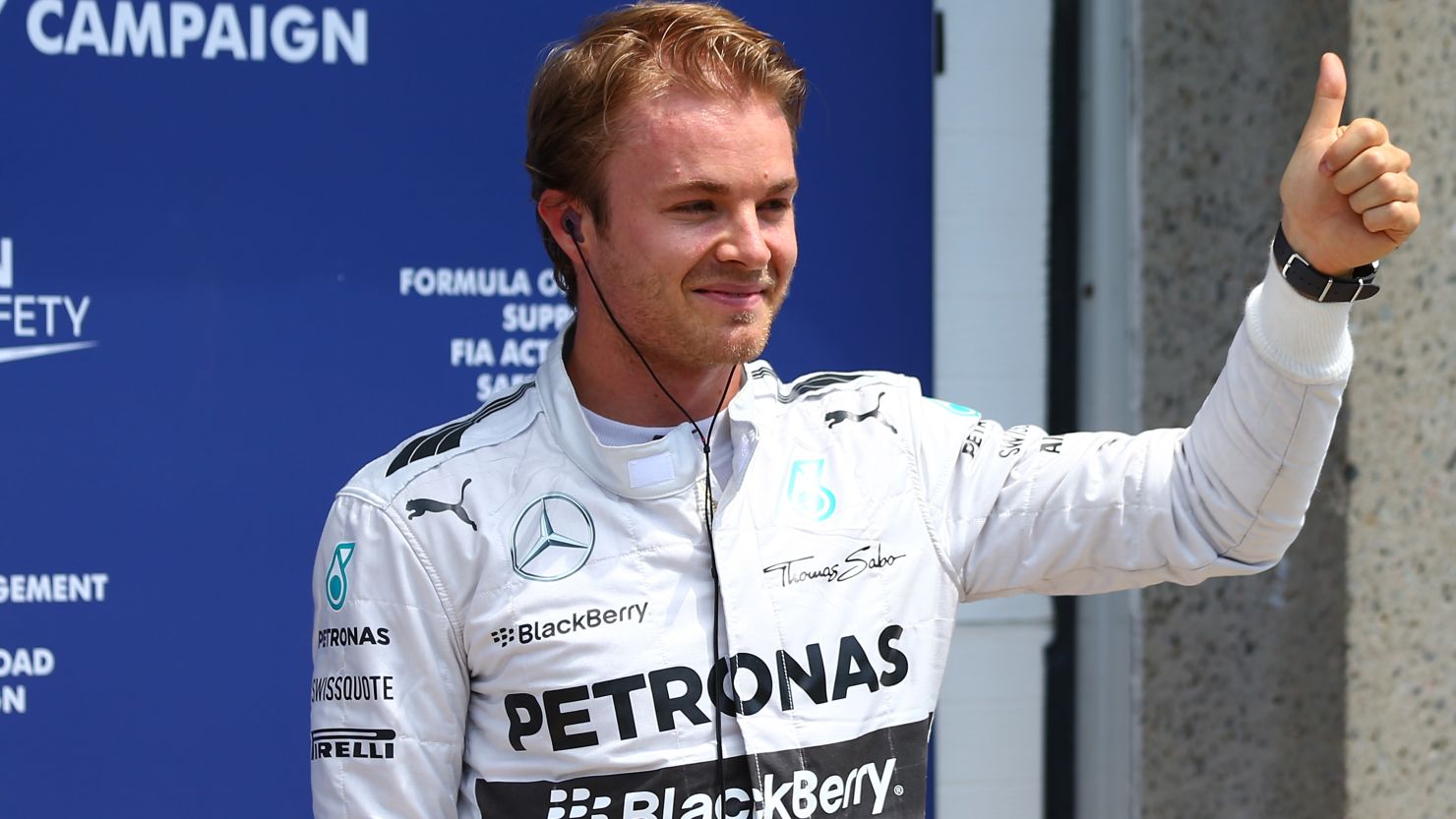 It's a thumb's up for Mercedes man Nico Rosberg as he sets the quickest time around Montreal's circuit 