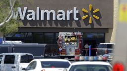 Police and firefighters on the scene of a shooting at a Walmart, on Sunday, June 8 in Las Vegas.