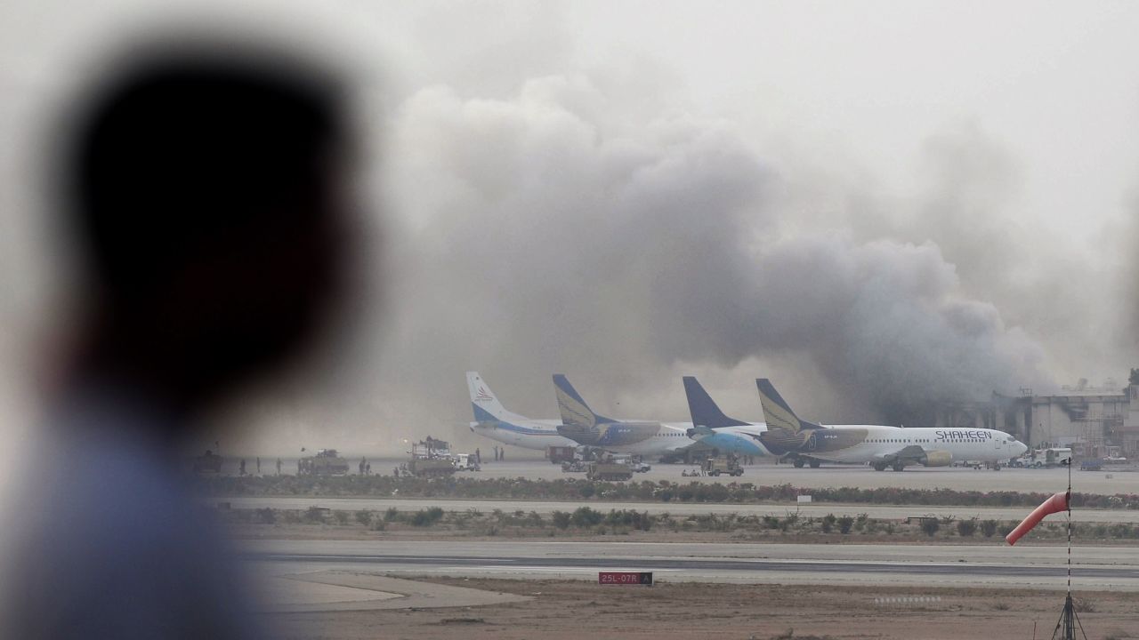 Smoke rises from Jinnah International Airport on Monday, June 9.