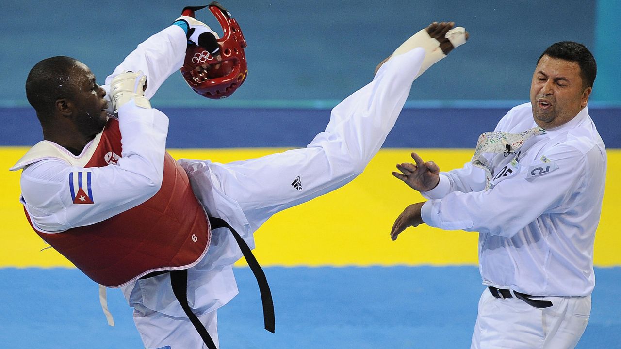 <strong>Angel Matos:</strong> Disqualified during the bronze-medal match in the 2008 Olympics, the Cuban taekwondo star was miffed. No one saw what was coming next -- certainly not referee Chakir Chelbat. Matos walked in front of Chelbat and delivered a vicious roundhouse kick to his head, leaving blood pouring from the Swedish ref's lip. It was Matos' last sanctioned match, as he was promptly banned for life. 