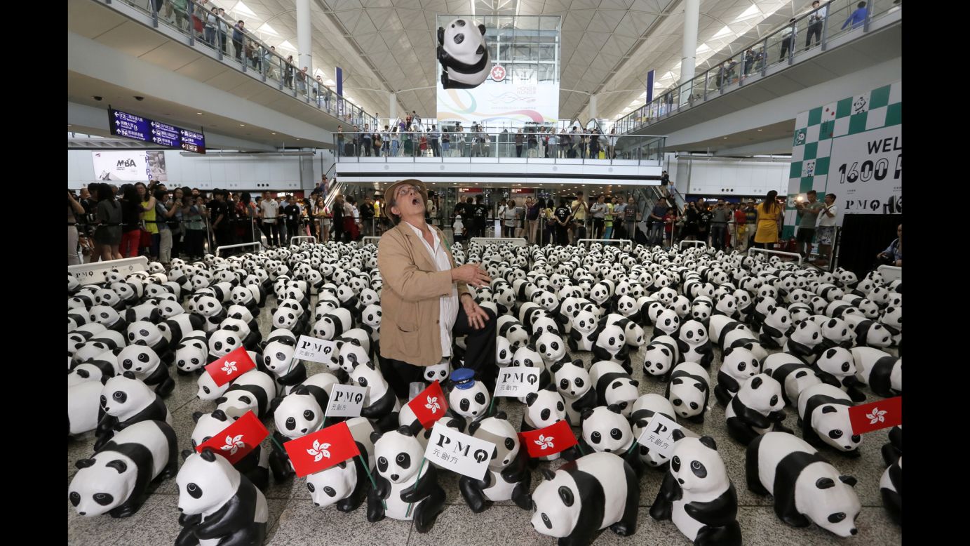 The artist displays some of his pandas at Hong Kong International Airport on Monday, June 9. 