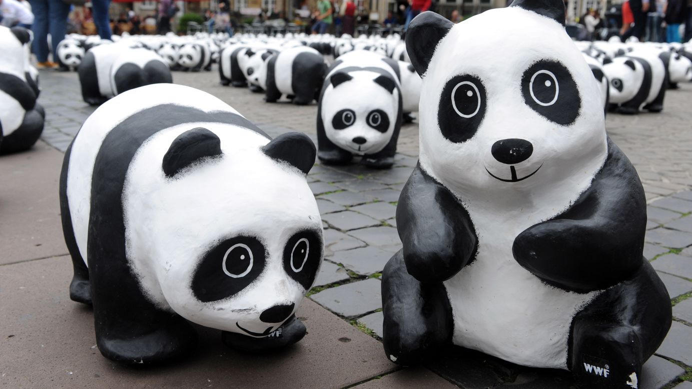 The panda sculptures appear to frolic in a marketplace in Bremen, Germany, in August 2013. 