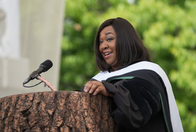 The creator of "Scandal" and "Grey's Anatomy" spoke at Dartmouth College's commencement on June 8. "Whenever you see me somewhere succeeding in one area of my life, that almost certainly means I am failing in another area of my life," <a href="index.php?page=&url=http%3A%2F%2Fwww.cnn.com%2Fvideo%2F%3F%2Fvideo%2Fus%2F2014%2F06%2F10%2Fpkg-shonda-rhimes-dartmouth-graduation-speech.wcax%26video_referrer%3D">she told the graduates</a>. Rhimes is a 1991 graduate of the college.
