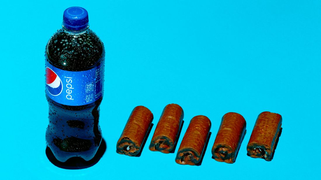 <strong>Soda: Pepsi.</strong><br />A 20-ounce bottle of Pepsi contains 69 grams of sugar. Each Little Debbie Swiss Roll contains an estimated 13 grams of sugar. 