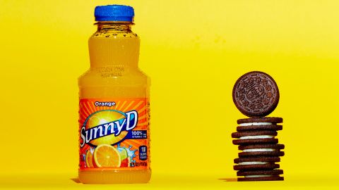 <strong>Juice: Sunny D Original.</strong><br />A 16-ounce bottle of SunnyD Original contains 28 grams of sugar. Each these six Oreos contains about 4.6 grams of sugar. <br />