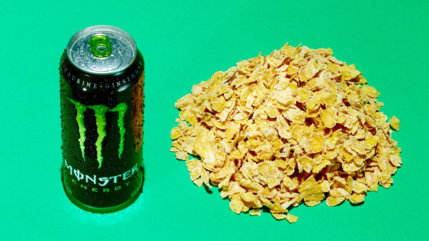 This 16-ounce can of Monster Energy has 54 grams of sugar. It contains the same amount of sugar as about 3.5 cups of frosted flakes. 