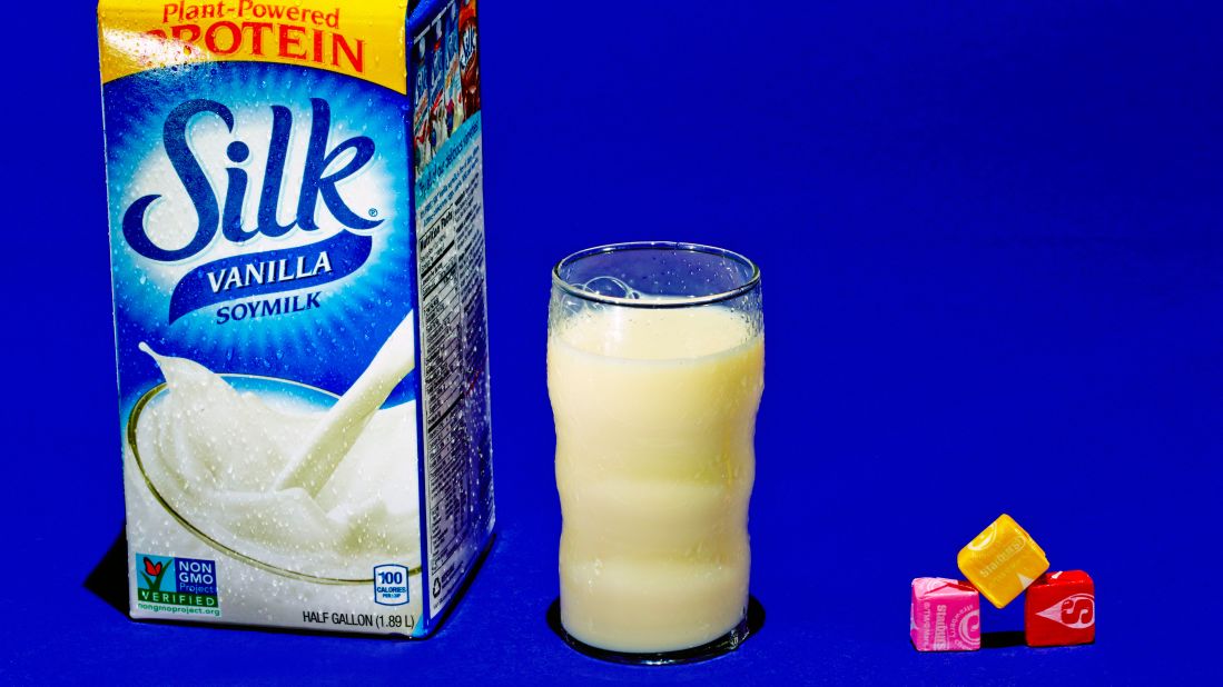 <strong>Milk: Silk Vanilla Soymilk.</strong><br />A glass of vanilla soymilk has about 8 grams of sugar, which is equal to the amount found in three Starbursts.