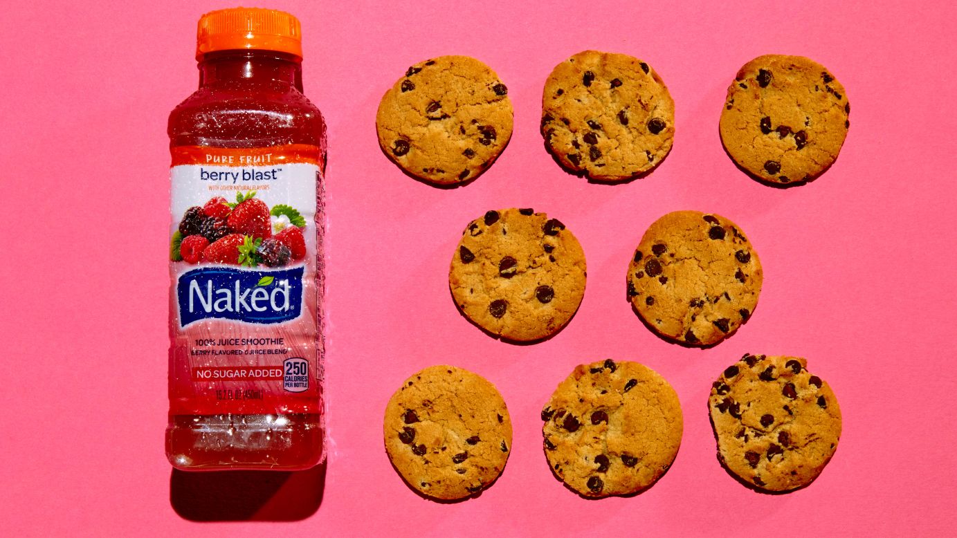 The 15.2-ounce bottle of Naked Berry Blast has 29 grams of sugar. Each of these eight Chips Ahoy! cookies contains about 3.6 grams of sugar. <br />