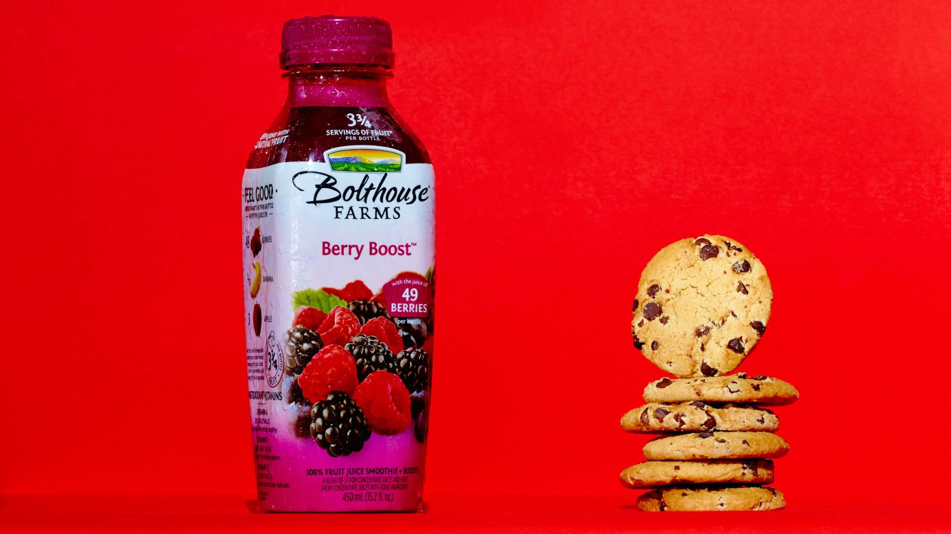You'd consume 24 grams of sugar by drinking this Bolthouse Farms Berry Boost 15.2-ounce bottle -- or by eating six Chips Ahoy! cookies.