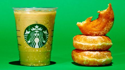 A Grande Starbucks Iced Flavored Latte with 2% milk and your choice of syrup has about 28 grams of sugar. The same amount of sugar is in 2.5 Krispy Kreme donuts. 