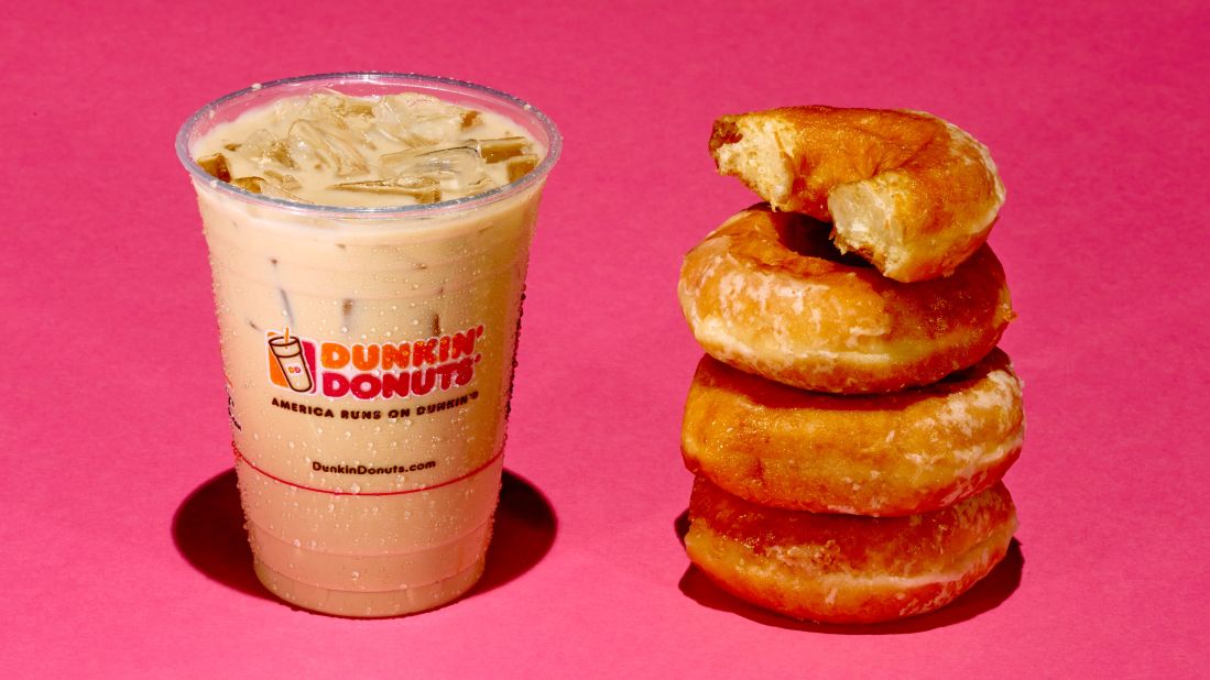 A 16-ounce Dunkin Donuts Iced Caramel Latte has 37 grams of sugar. Each Krispy Kreme donut has about 11 grams of sugar. 