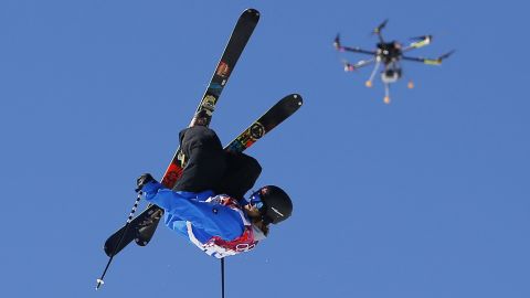 A drone camera follows Norway's Aleksander Aurdal during the men's slopestyle finals at the 2014 Winter Olympics in Krasnaya Polyana, Russia.