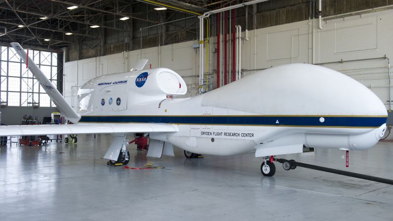 NASA has a history of exploring drone technology. Pictured a NASA Global Hawk UAV in 2013, which was tasked with monitoring tropical storms and hurricanes. 