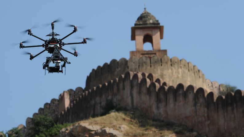 A drone fitted with a film camera shoots aerial footage during the production of the film "The Girl with the Indian Emerald" in Jaipur, India, on November 7, 2012. While it's already being done in other countries, the U.S. government is considering <a href="index.php?page=&url=http%3A%2F%2Fwww.cnn.com%2F2014%2F06%2F04%2Ftech%2Finnovation%2Fmovies-drones-faa%2Findex.html">a request from movie and TV producers</a> to let them use unmanned aircraft to shoot aerial video.