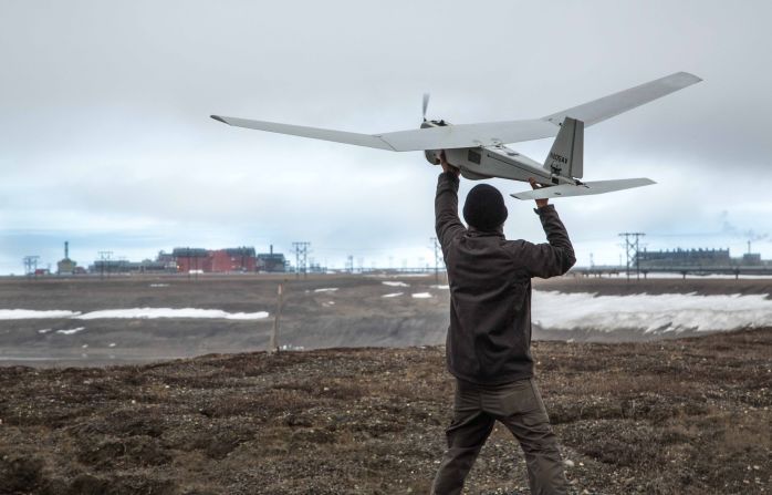 An AeroVironment Puma drone undergoes pre-flight tests in Prudhoe Bay, Alaska, on June 7, 2014. The drone will be used to survey roads, pipelines and other equipment at the largest oil field in the United States. The Federal Aviation Administration authorized BP to conduct the <a href="index.php?page=&url=http%3A%2F%2Fwww.cnn.com%2F2014%2F06%2F10%2Fus%2Ffaa-commercial-drone-approval%2Findex.html">first-ever commercial drone flights</a> over land.