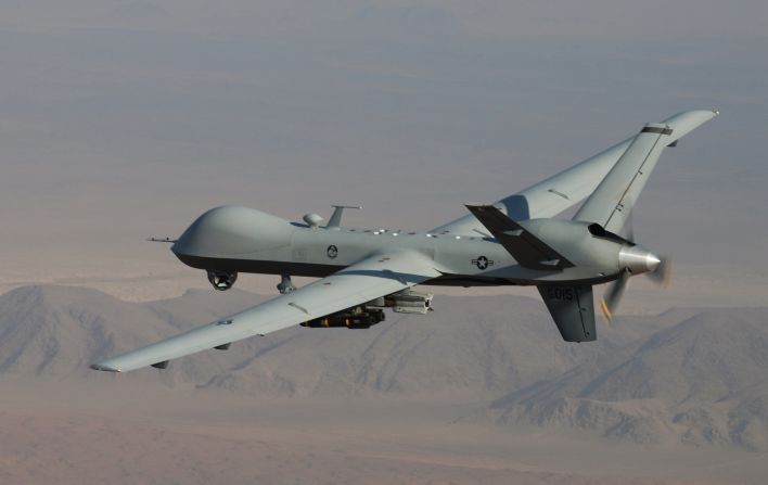An MQ-9 Reaper, armed with laser-guided munitions and Hellfire missiles, flies a combat mission over southern Afghanistan. The Reaper has been in use since 2007.
