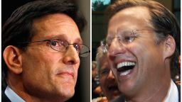 In this combination of Associated Press photos, House Majority Leader Eric Cantor, R-Va., left, and Dave Brat, right, react after the polls close Tuesday, June 10, 2014, in Richmond, Va. Brat defeated Cantor in the Republican primary. (AP Photo)