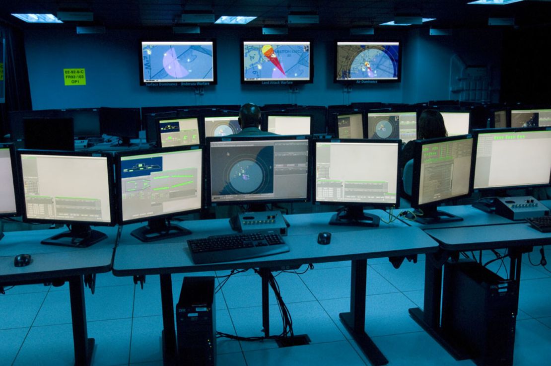 A Raytheon mock-up of a Zumwalt operations center roughly similar to the facility aboard the Navy's newest destroyer.