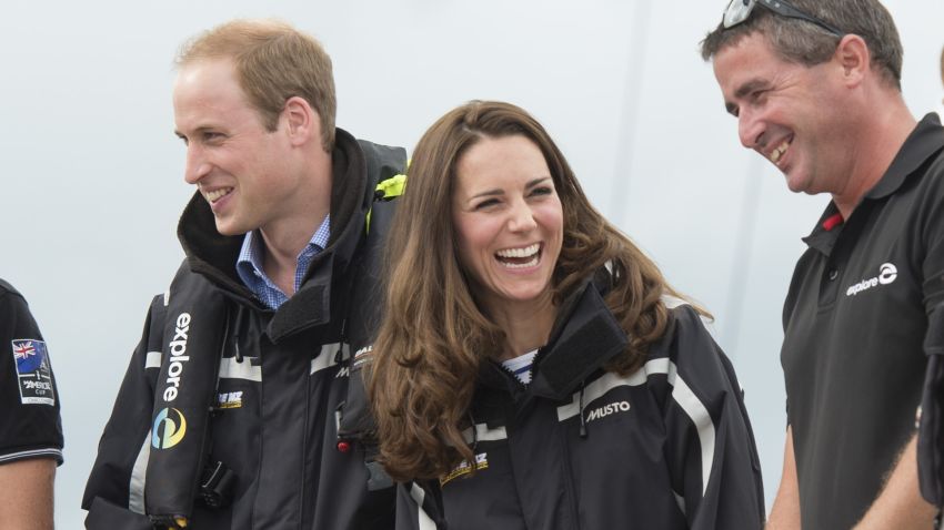 AUCKLAND, NEW ZEALAND - APRIL 11: Catherine, Duchess of Cambridge and Prince William, Duke of Cambridge on board an America's Cup yacht in Auckland Harbour on April 11, 2014 in Auckland, New Zealand. The Duke and Duchess of Cambridge are on a three-week tour of Australia and New Zealand, the first official trip overseas with their son, Prince George of Cambridge. (Photo by Mark Cuthbert-Pool/Getty Images)