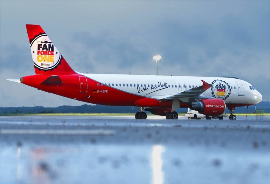 It's not carrying a national football team, but this Air Berlin Airbus A320 has been turned into "Fan Force One" during the World Cup. 