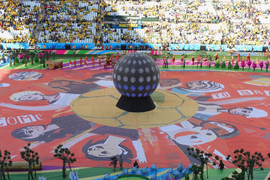 A happiness flag is seen in the Sao Paulo stadium during the opening ceremony.