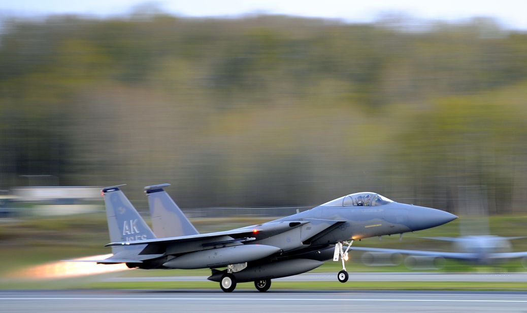 An F-15 Eagle from the 19th Fighter Squadron takes off at Joint Base Elmendorf-Richardson in Alaska. F-15 fighters intercepted Russian bombers off California in June.