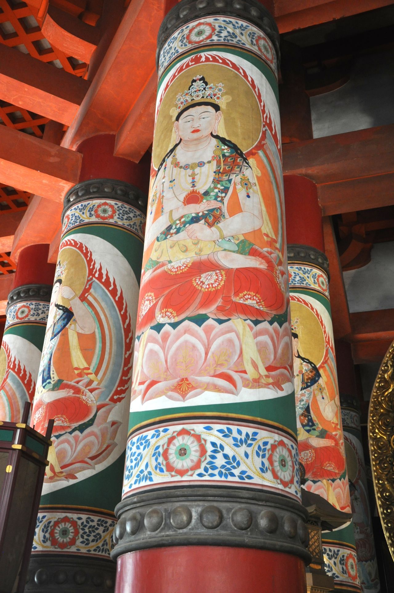Inside the sacred Daito stupa at Danjo Garan (one of the two most sacred sites in Koyasan), Bodhisattvas (Bosatsu), are painted on each pillar.