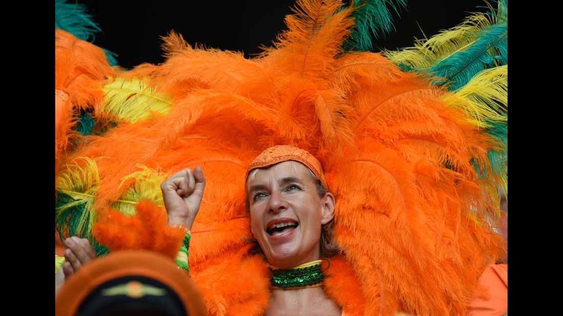 A Netherlands fan cheers before the match. 