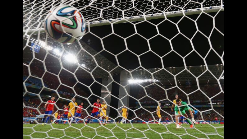 The ball bulges the back of the net after Chile's Jorge Valdivia scored in the 14th minute of the game. The goal came within two minutes of Chile's first goal.