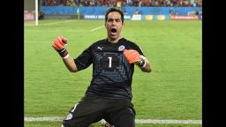 Chile's goalkeeper Claudio Bravo celebrates after his team scored at the end of the match against Australia on Friday, June 13.