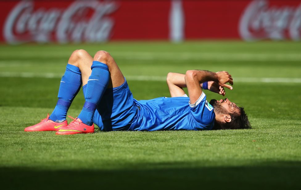  Greece striker Giorgios Samaras reacts after going down during the game. 