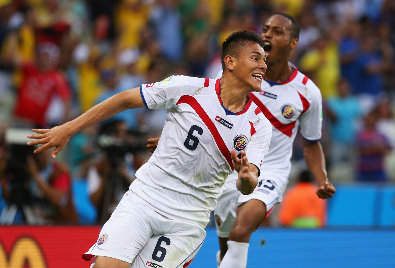 Oscar Duarte celebrates after scoring Costa Rica's second goal against Uruguay.