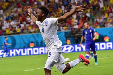 England forward Daniel Sturridge celebrates after scoring a first-half equalizer against Italy.