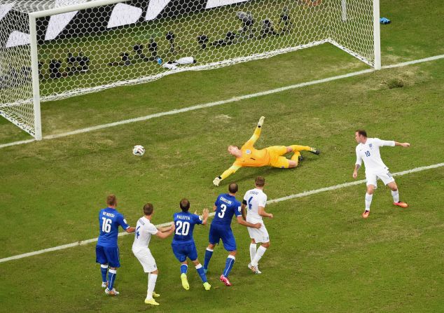 England goalkeeper Joe Hart dives as Claudio Marchisio's long-range shot gives Italy the lead.