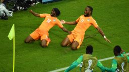 Gervinho of the Ivory Coast, left, celebrates scoring his team's second goal with teammate Didier Drogba during the World Cup match between the Ivory Coast and Japan at Arena Pernambuco on June 14 in Recife, Brazil. Ivory Coast defeated Japan 2-1.