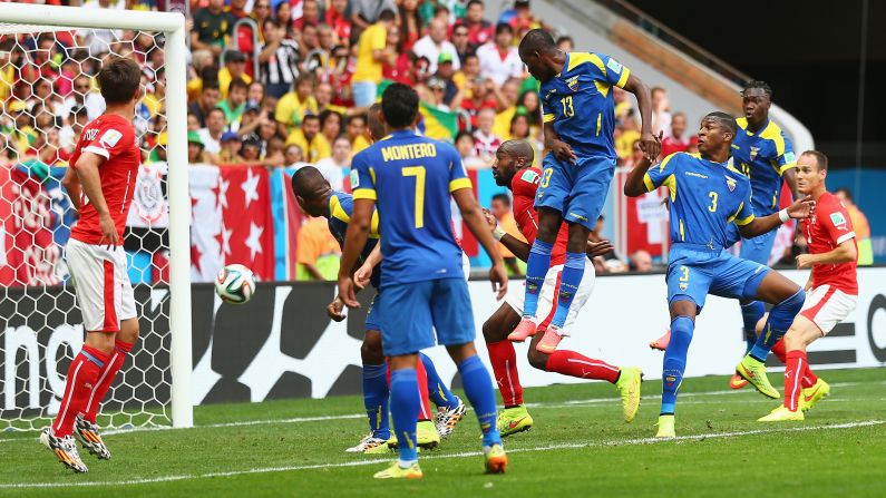 Enner Valencia's header puts Ecuador in front against Switzerland.