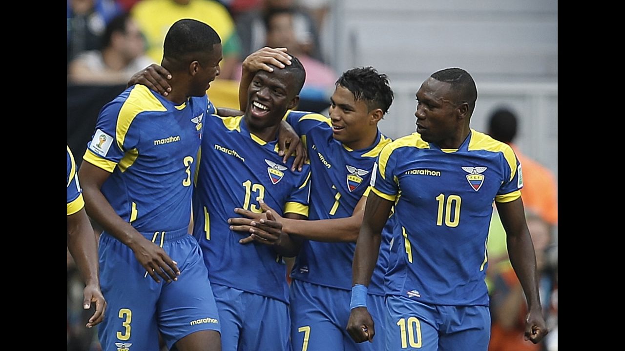 Ecuador forward Enner Valencia, second left, celebrates with his teammates after his 22nd-minute goal.