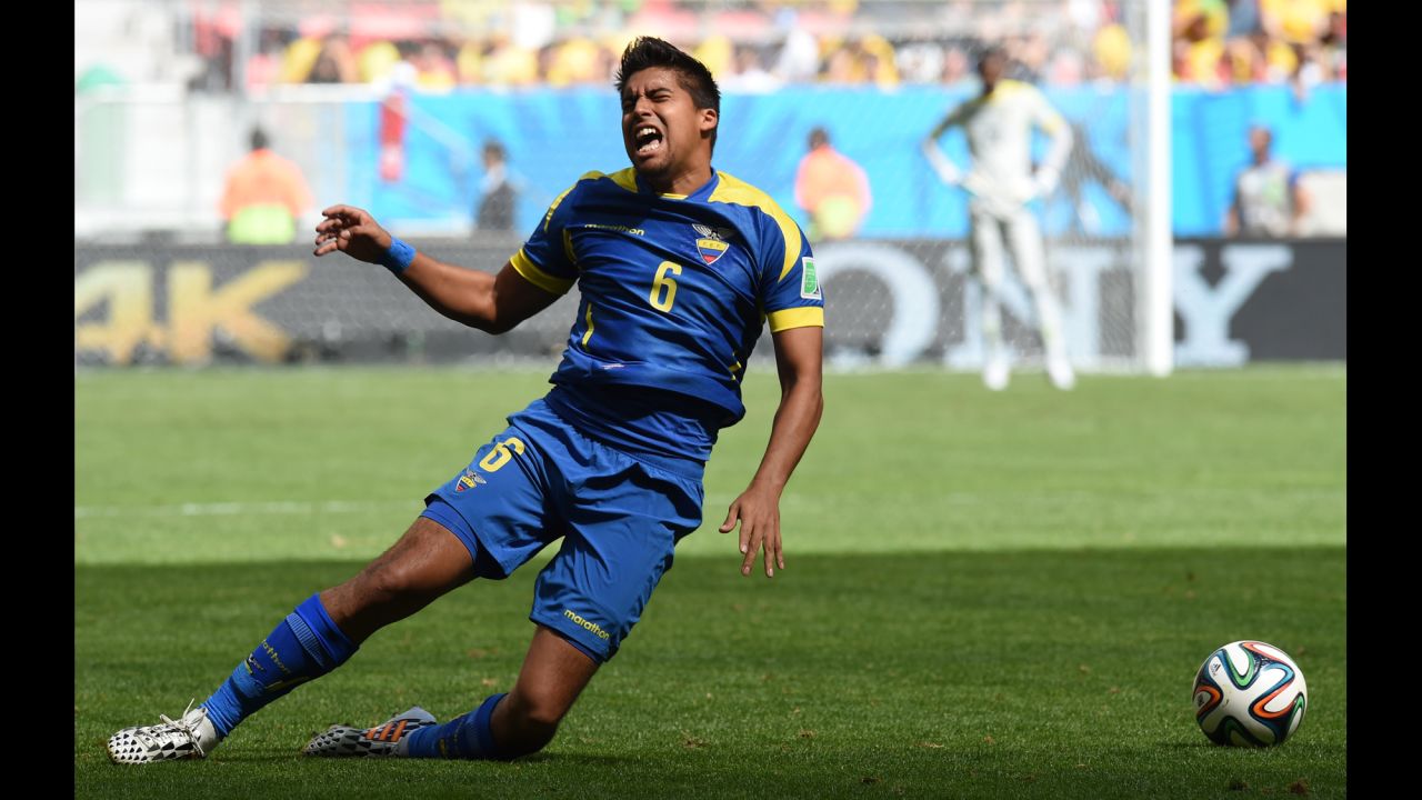 Ecuador midfielder Christian Noboa falls to the ground in apparent anguish.