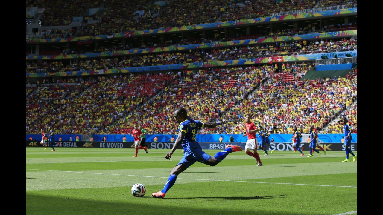 Ecuador's midfielder Walter Ayovi clears the ball upfield.