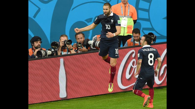 France forward Karim Benzema celebrates after scoring his team's third goal.