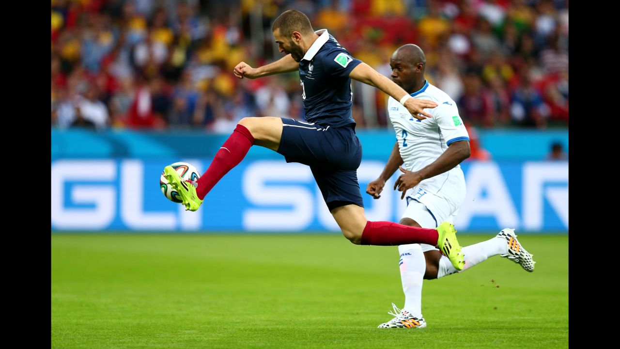 Karim Benzema of France shoots toward the goal, which led to an own goal by Honduras goalkeeper Noel Valladares.