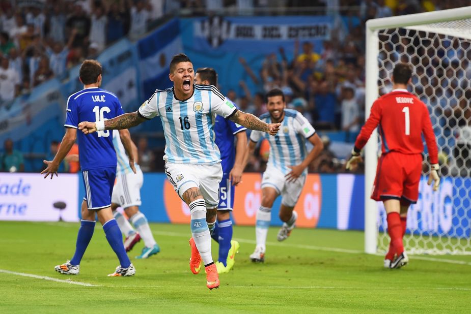 Argentina's Marcos Rojo celebrates after Sead Kolasinac of Bosnia-Herzegovina scored an own goal in the early minutes of the game.