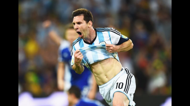 Argentina captain Lionel Messi celebrates after scoring his team's second goal against Bosnia-Herzegovina in the World Cup Group F match at the Maracana Stadium in Rio de Janeiro on June 15. Today is the fourth day of the tournament, which is being held in 12 cities across Brazil. <a href="index.php?page=&url=http%3A%2F%2Fwww.cnn.com%2F2014%2F06%2F14%2Ffootball%2Fgallery%2Fworld-cup-0614%2Findex.html" target="_blank">See yesterday's best photos</a>.