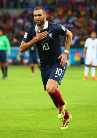 Karim Benzema has played 81 times for France and is pictured celebrating after scoring his team's third goal during the World Cup Brazil Group E match against Honduras at Estadio Beira-Rio on June 15, 2014 in Porto Alegre, Brazil.